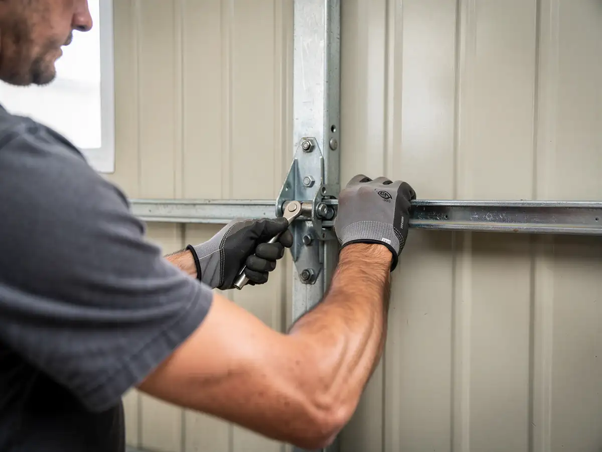 A technician in gloves tightens a bolt on a garage door hinge with a wrench.