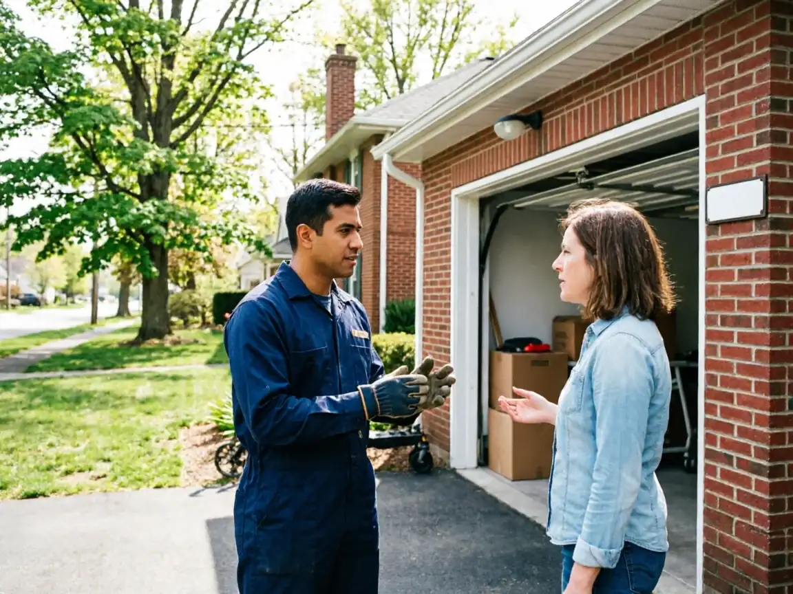 A technician in a blue uniform talks to a woman in front of a brick house with an open garage.