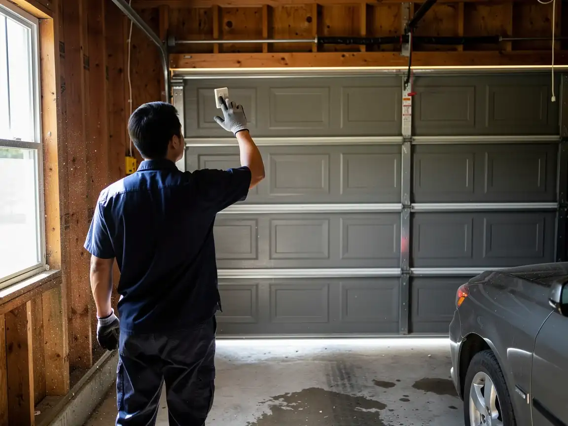 A technician in a blue uniform holds a remote control in front of a gray garage door.