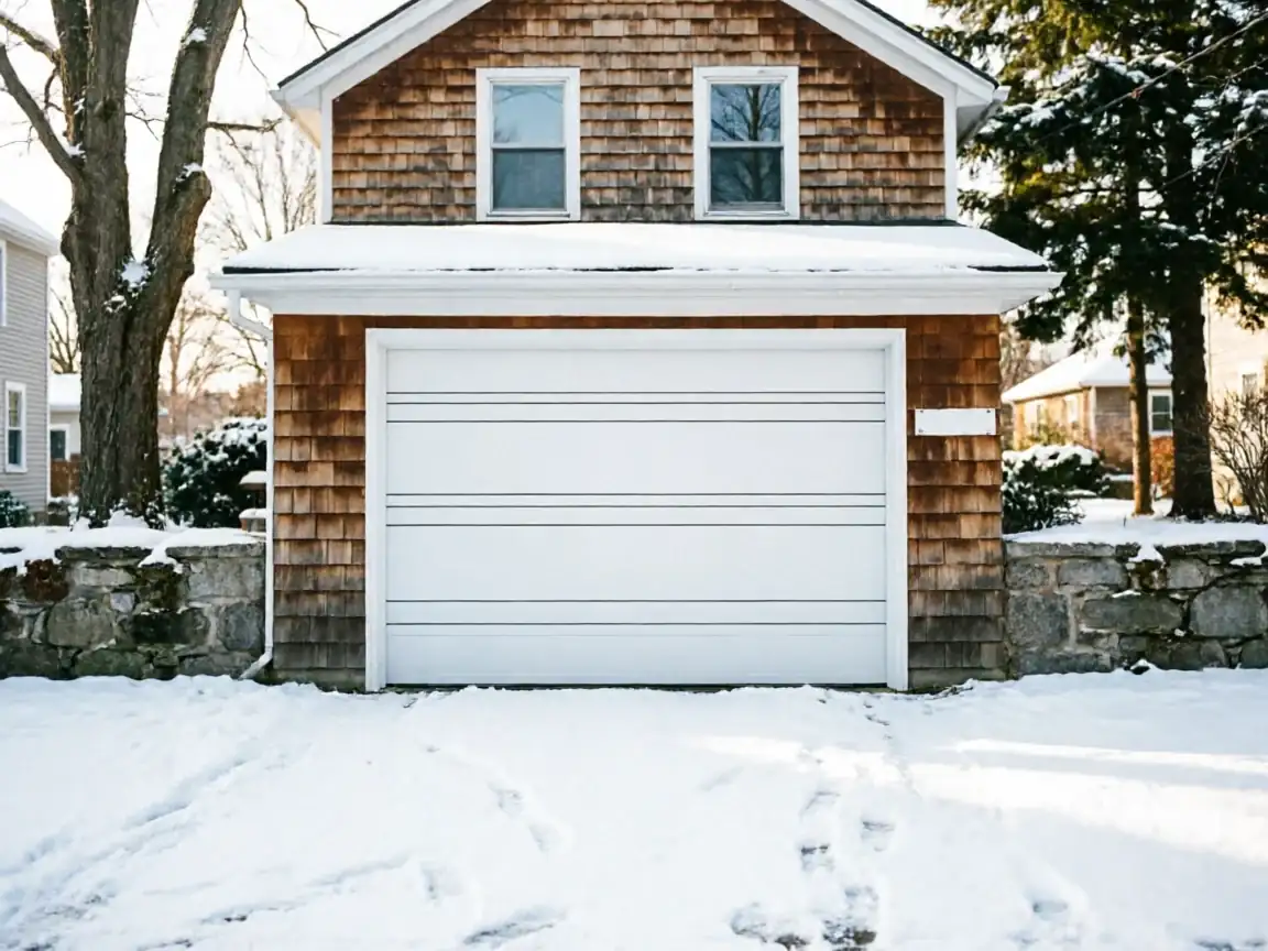 The house has a white garage door, cedar shake siding, and a snow-covered driveway.